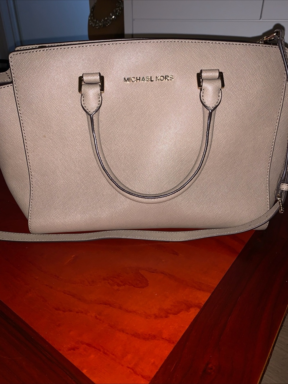 Michael Kors Light Beige Saffiano Leather Satchel with Gold Hardware